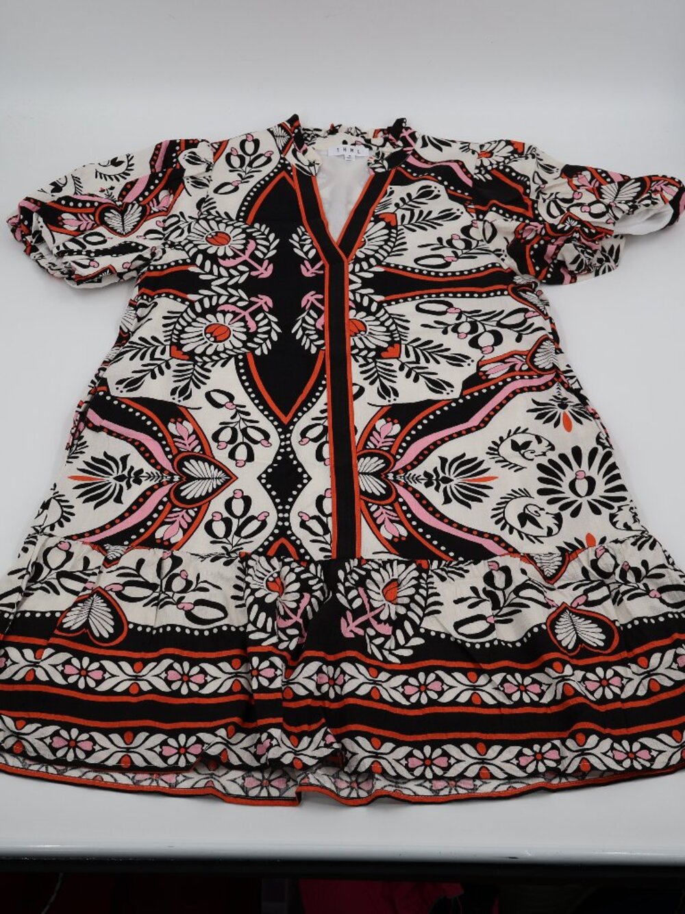 THML Mini Dress Womens Medium Black Orange Pink Floral Puff Sleeve Tiered Boho